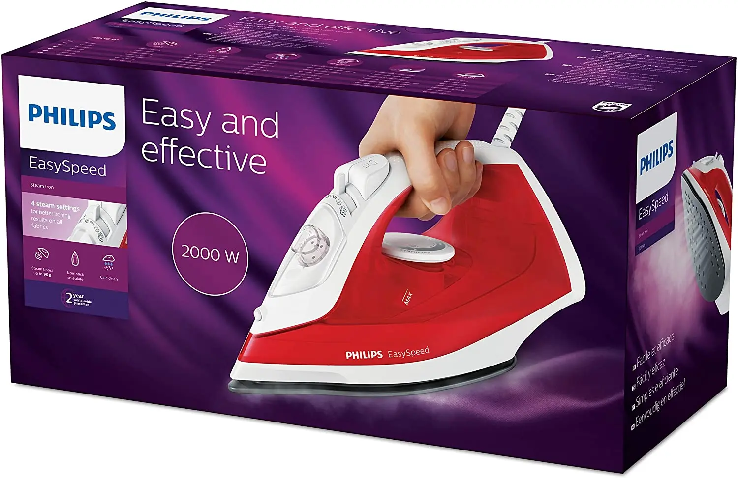 Philips EasySpeed GC1742/40 iron Dry & Steam iron Non-stick soleplate Red,White 2000 W EasySpeed GC1742/40, Dry & Steam iron, Non-stick soleplate, 1.9 m, 90 g/min, Red,White, 25 g/min