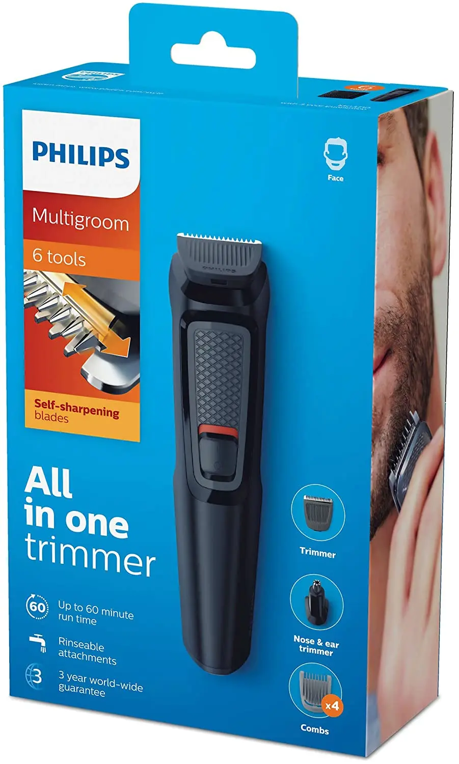 Philips Multigroom Series 3000 6 in 1 Face mg3710/15 – Shaver (Black, Rectangle, Stainless Steel, Beard, Ear, Eyebrow, Nose, 60 min, Integrated)