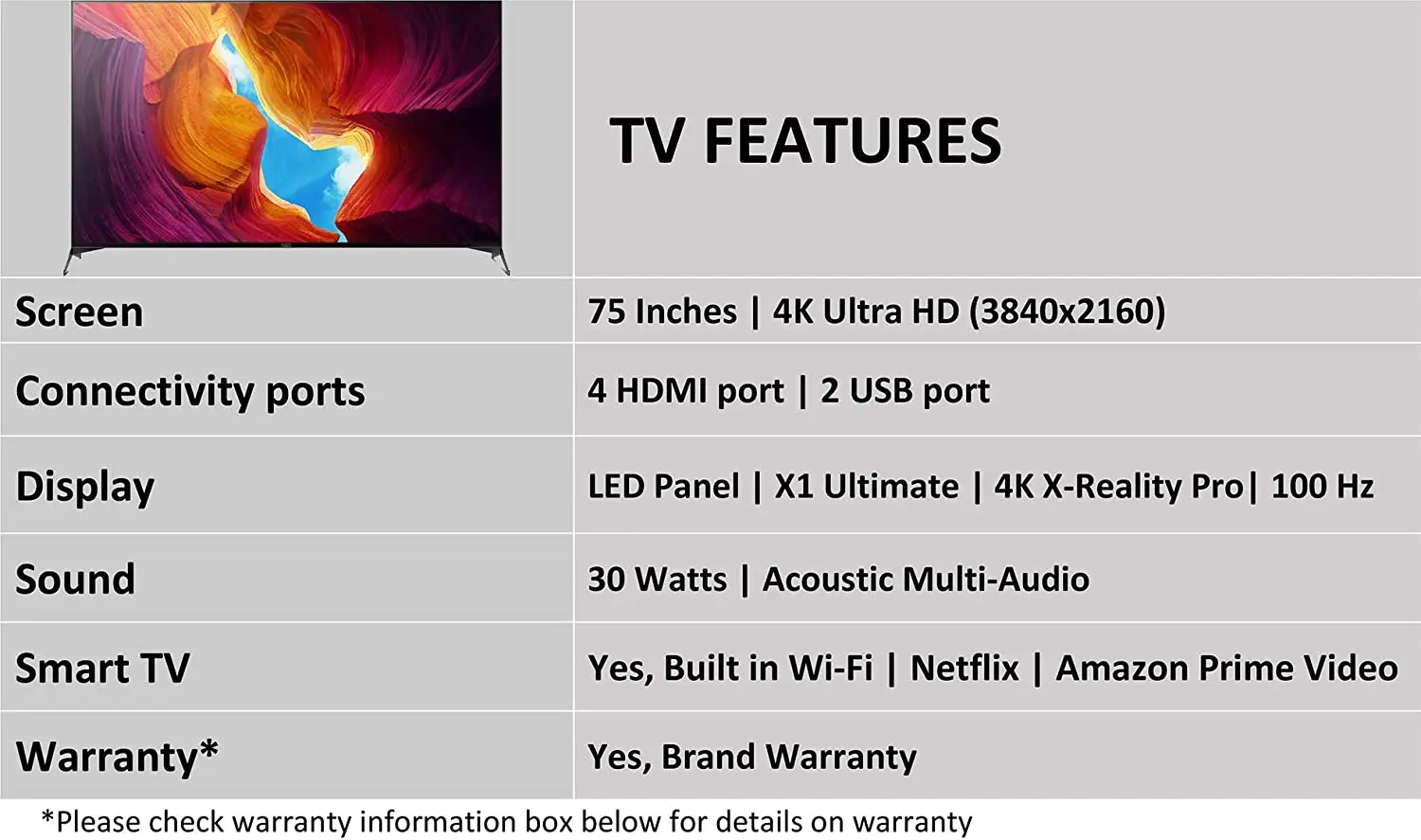 Sony BRAVIA 75 Inch X95H Series 4K Ultra HD Full Array LED High Dynamic Range Smart Android TV, X1 Ultimate, Dolby Atmos, Dolby Vision, Netflix Calibrated Mode KD-75X9500H