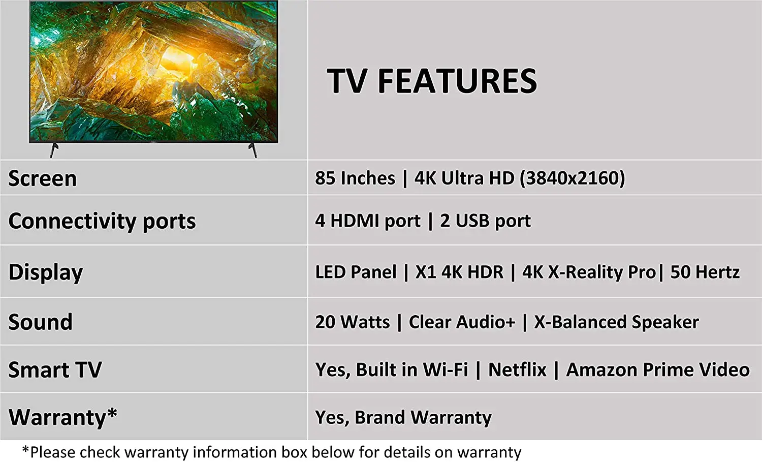 Sony BRAVIA 85 inch X80H Series 4K UHD HDR Smart Android TV with Google Assistant Voice Search, Dolby Atmos, Dolby Vision, Netlfix KD-85X8000H