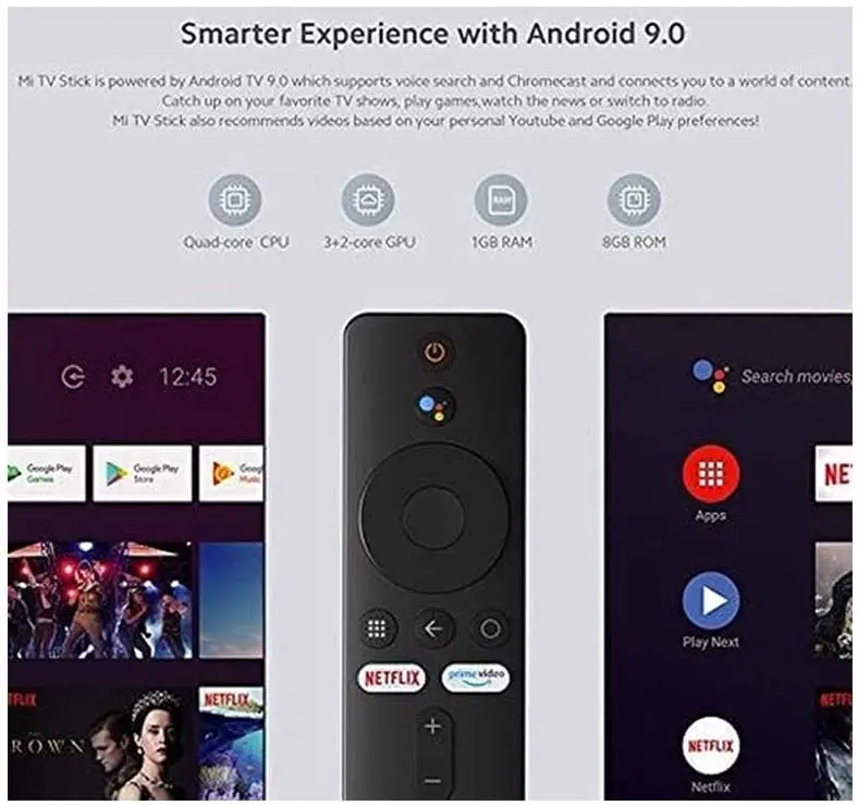 Xiaomi PFJ4098EU Xiaomi Mi TV Stick Android TV 9.0 Quad-core 2K HDR Dolby DTS HD Dual Decoding 1GB RAM 8GB ROM Google Assistant Netflix