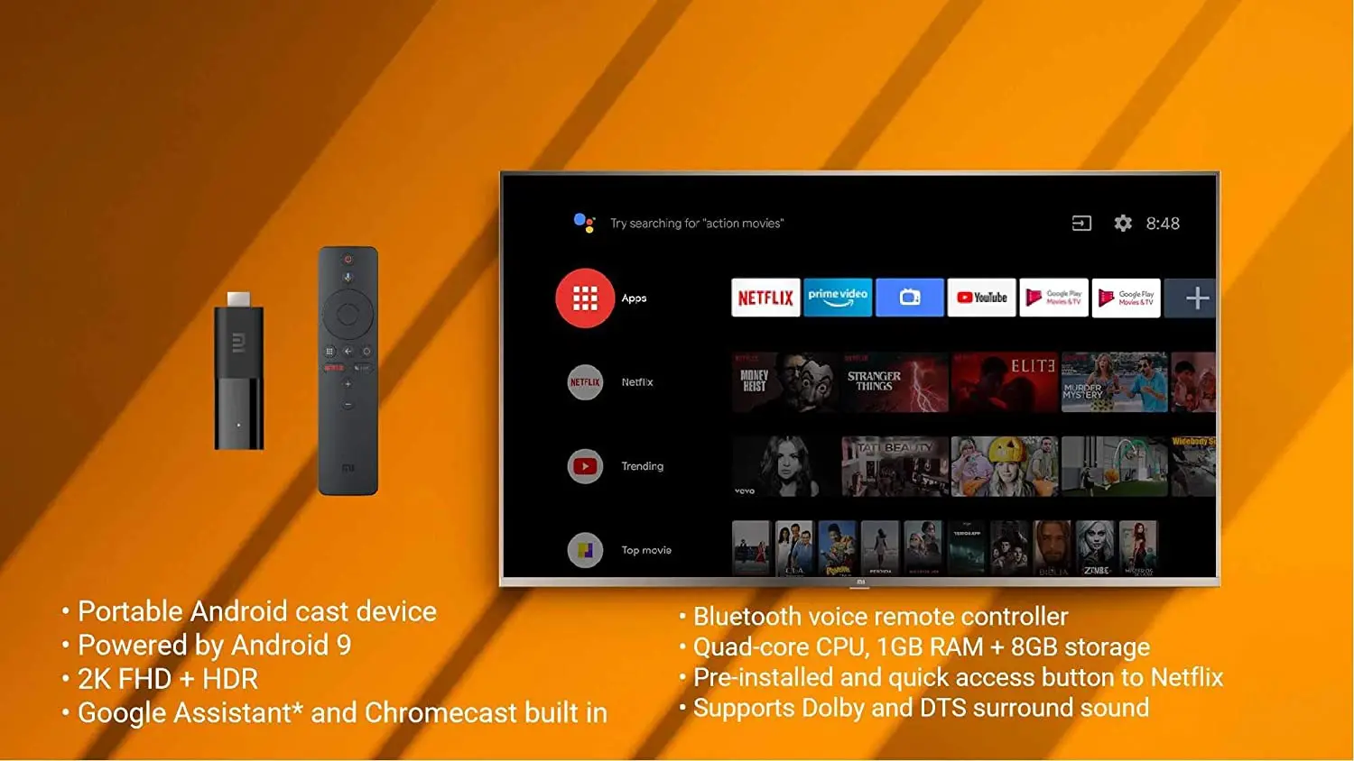 MI TV Stick Global Version Smart TV 2K HDR Android TV 9.0 Quad Core Bluetooth 5G Wifi Android Display Google Assistant
