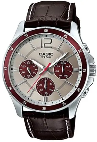 Casio Men's Silver Dial Leather Band Watch - MTP-1374L-7A1