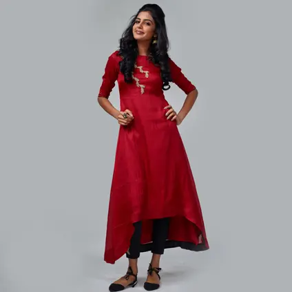 Red & Black embroidered high-low kurta