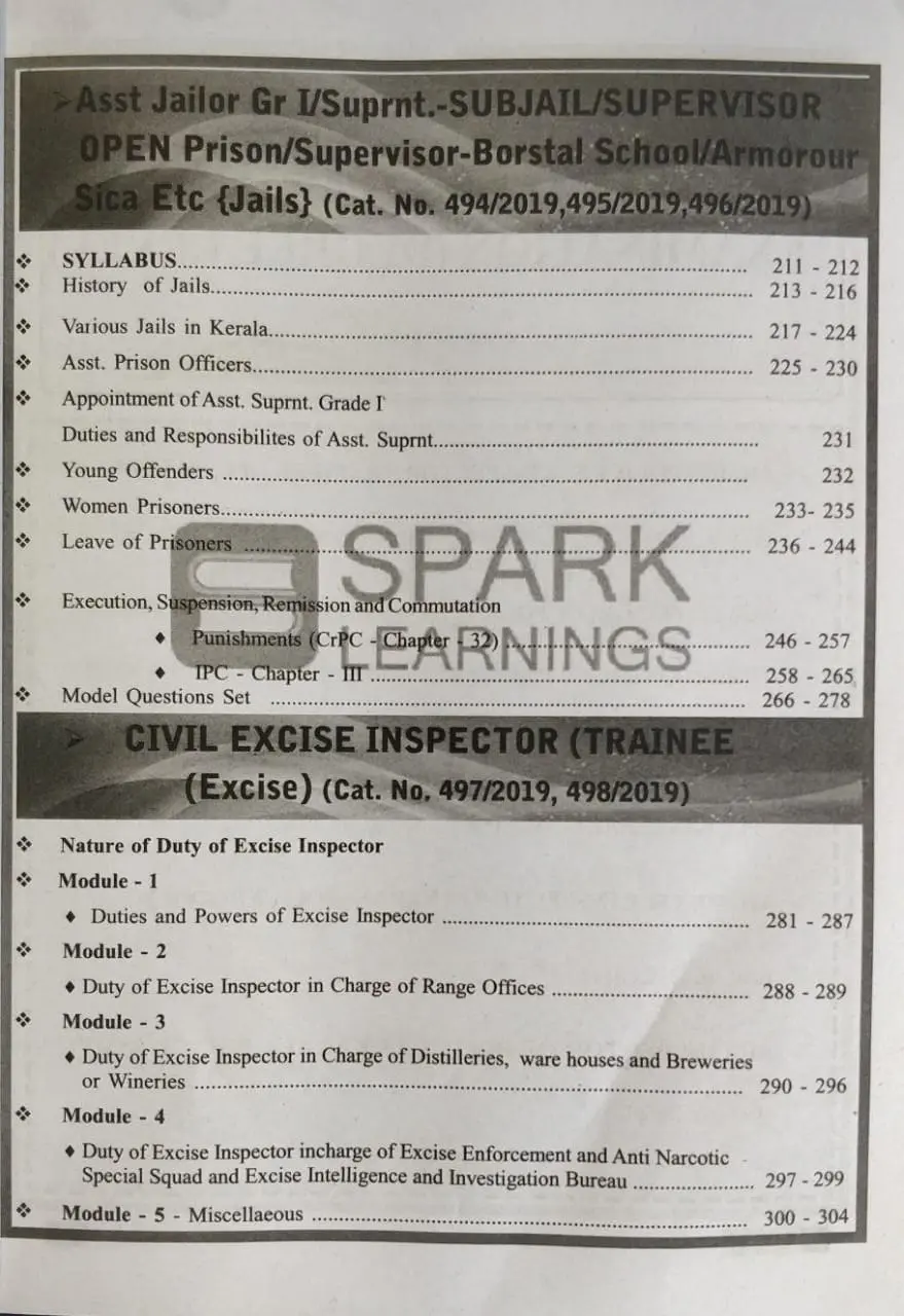 Kerala PSC Degree Level Mains Special Topics | Sub Inspector of Police, Women Sub Inspector, Asst. Jailer/Prison Officer, Excise Inspector | Spark Publications