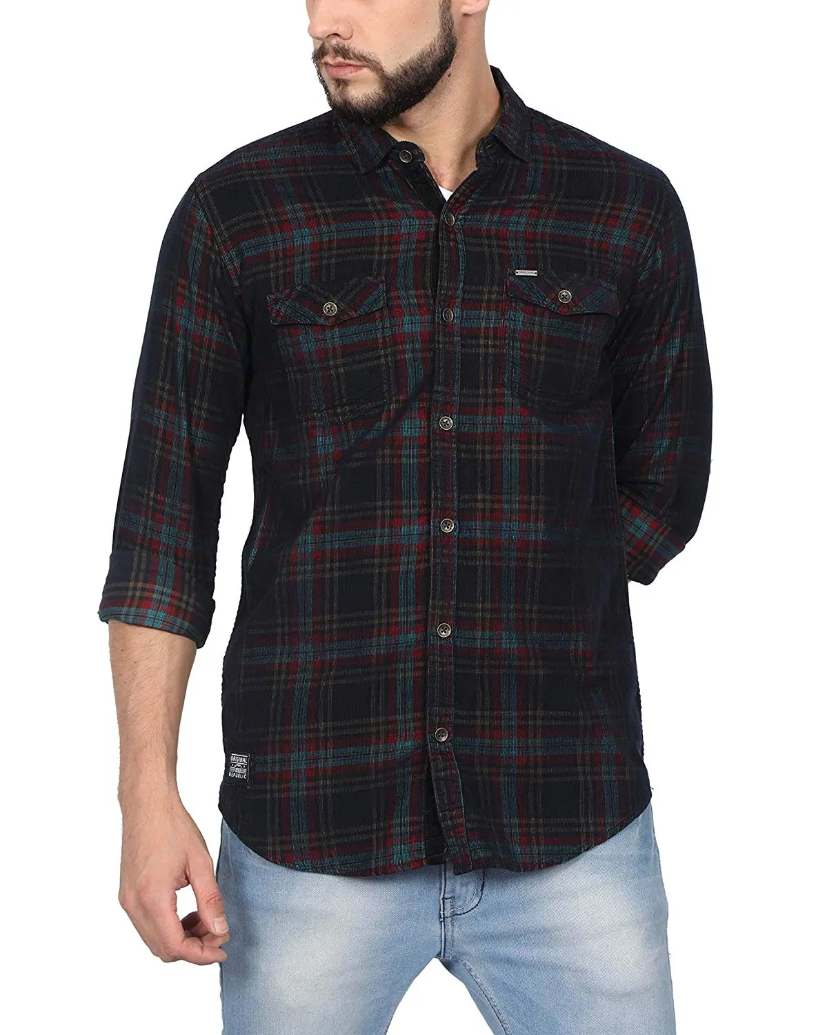 NORTH REPUBLIC Men's Green & Red Corduroy Checks Cotton Full Sleeves Casual Shirt