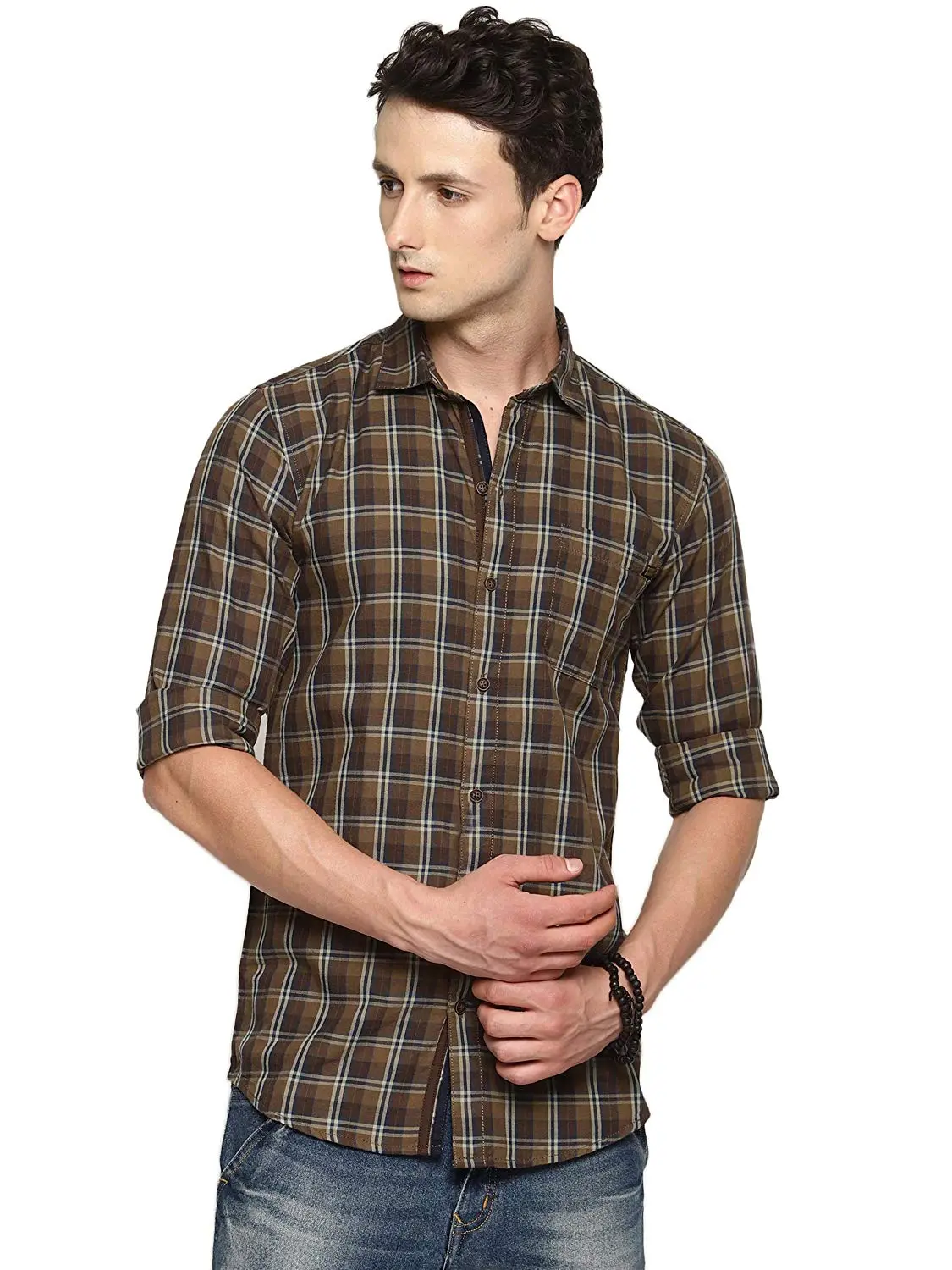 NORTH REPUBLIC Men's Olive Green Cotton Full Sleeves Checkered Casual Shirt - Slim Fit