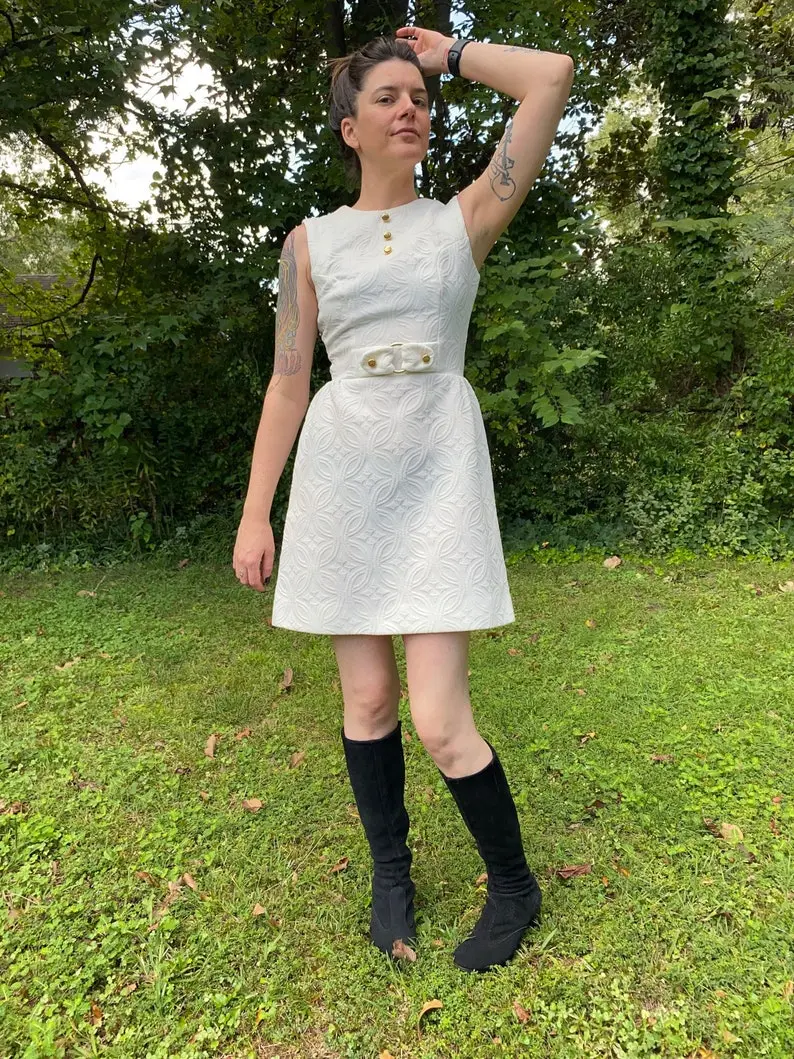 White Textured Mod Mini Dress 