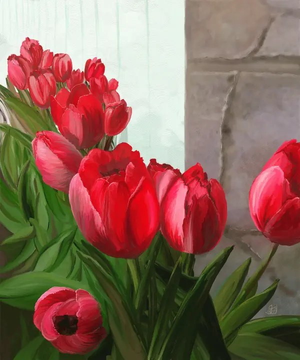 Art Painting of Red Tulips in New Hope