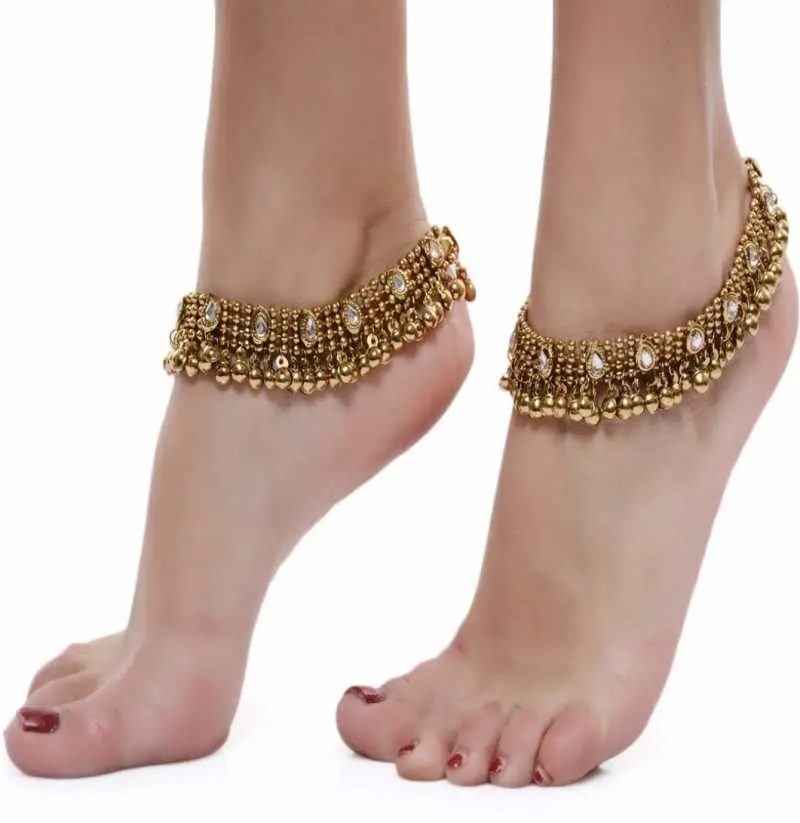 Golden Ethnic Antique Kundan Studded Alloy Anklet