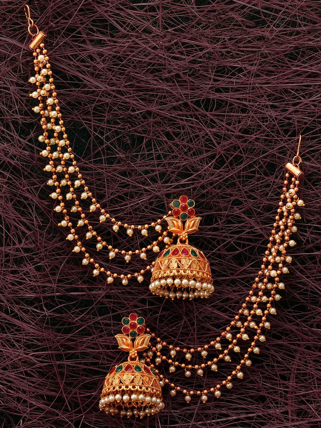 Gold & Red Dome Shaped Jhumkas Earrings & Hair Chain