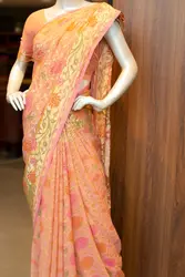 Pastel peach floral printed Banarasi Georgette saree