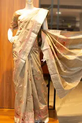 Light beige linen silk sari with silver border
