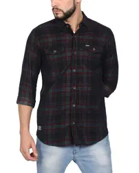 NORTH REPUBLIC Men's Green & Red Corduroy Checks Cotton Full Sleeves Casual Shirt