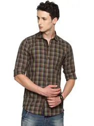 NORTH REPUBLIC Men's Olive Green Cotton Full Sleeves Checkered Casual Shirt - Slim Fit