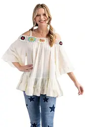 Laurel Granny Square Patchwork Trim Cold Shoulder Top
