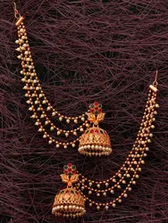 Gold & Red Dome Shaped Jhumkas Earrings & Hair Chain